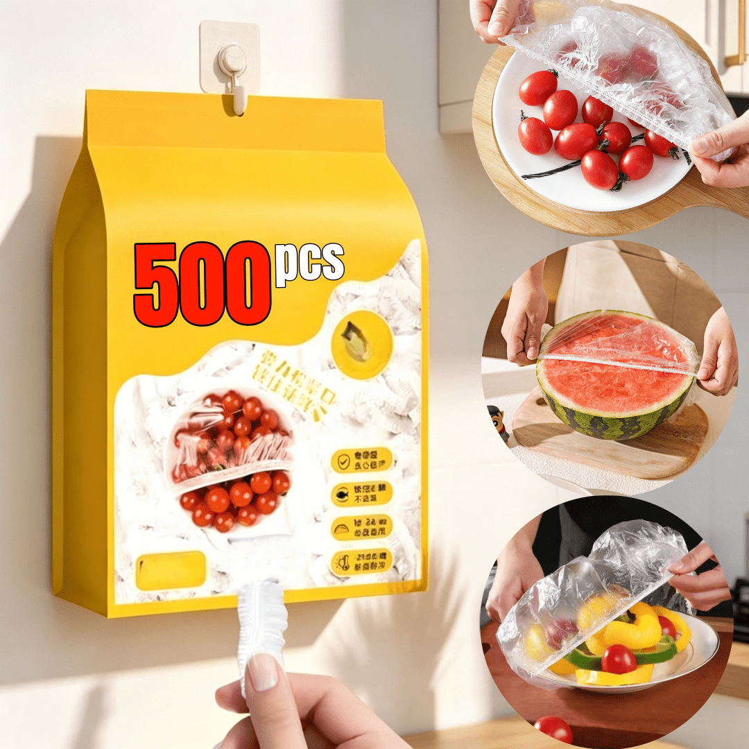 500 db új húzófüles rugalmas ételtakaró, élelmiszer-minőségű pe fóliatasakok hűtőszekrényben történő élelmiszertároláshoz, steakhez és gyümölcshöz, konyhai élelmiszertároló és tartósító zacskók, konyhai élelmiszertároló fedők, élelmiszertárolás, eldobható tálfedők, konyhai kellékek, konyhai eszközök