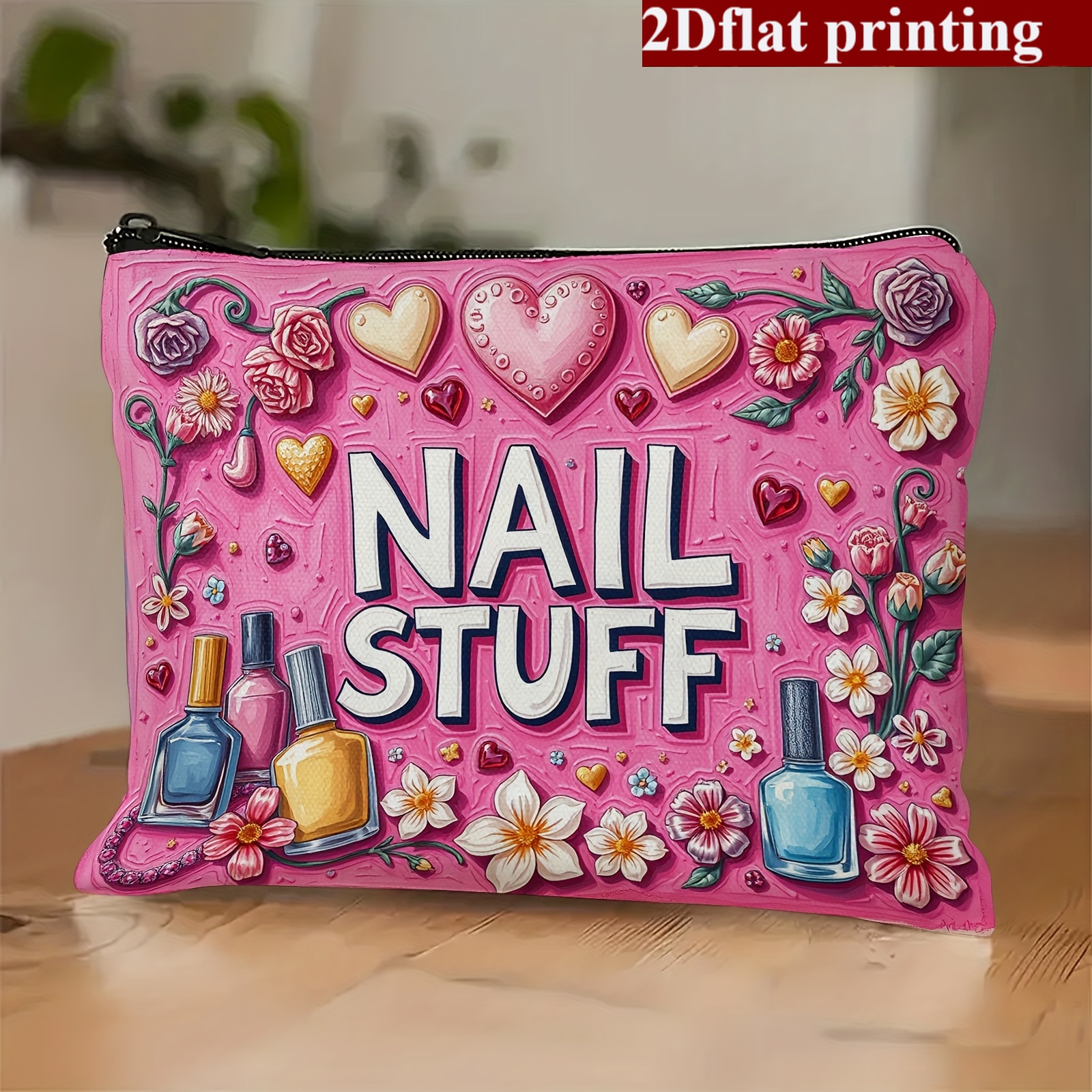 TEMU 2d Flat Printing 1pc Bag - Travel Cosmetic Pouch, Unisex Nail Polish Bottle With , Ideal Gift For Nail Enthusiasts, Aesthetic Zipper Closure,