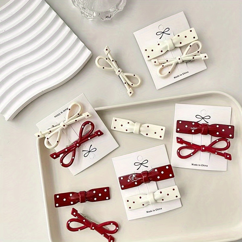 24pcs assorted colors red white and beige polka dot bow hair clips vintage style plastic barrettes for styling and fashion hair accessories Product details 5
