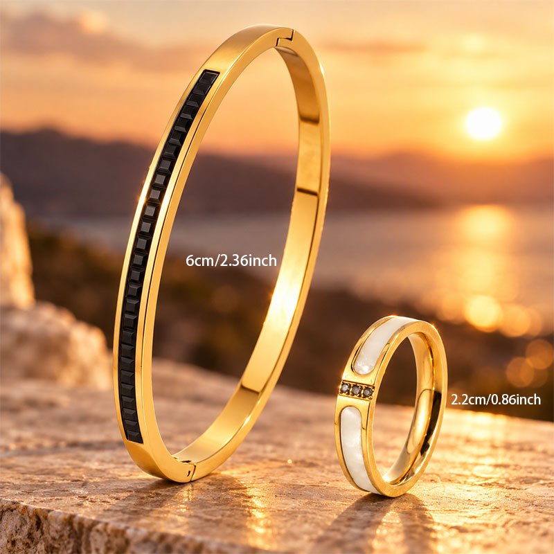 Women's 2pc Adjustable Bangle and Ring Set, Geometric Style