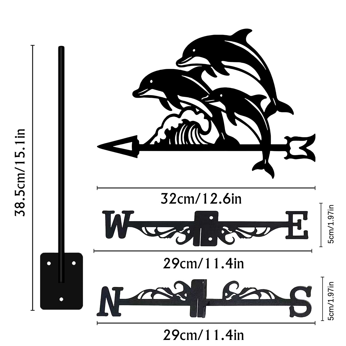 TEMU 1pc Dolphin Wave Iron Weather Vane, Suitable For Ocean Theme Decoration, Outdoor Wind Direction Indicator, Decorative Address Sign, Suitable For