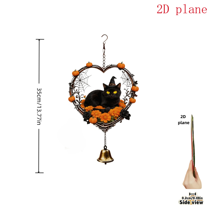 TEMU 2d Flat Heart-shaped Web Pumpkin Floral Witch Black Cat Acrylic Wind Chime , Vintage Rustic Halloween Hanging Ornament, Outdoor Porch Balcony