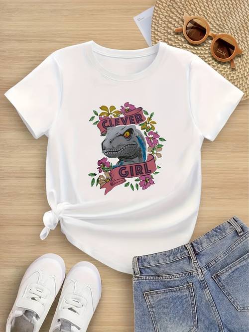 girls dinosaur t shirt with text applique round neck casual shirt machine washable for casual attire fit