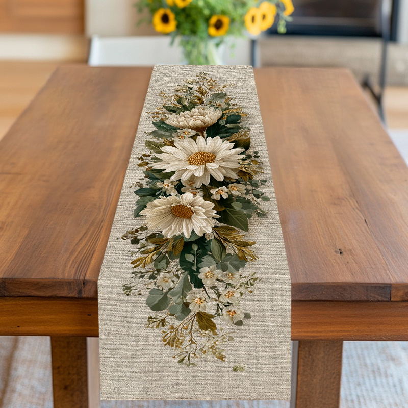 E-shop Tischläufer, Tischdecke, Blumendesign mit Gänseblümchen und Blättern, Neutraler Farbton, für Frühling, Sommer, Geburtstag, Hochzeit, Jahrestag