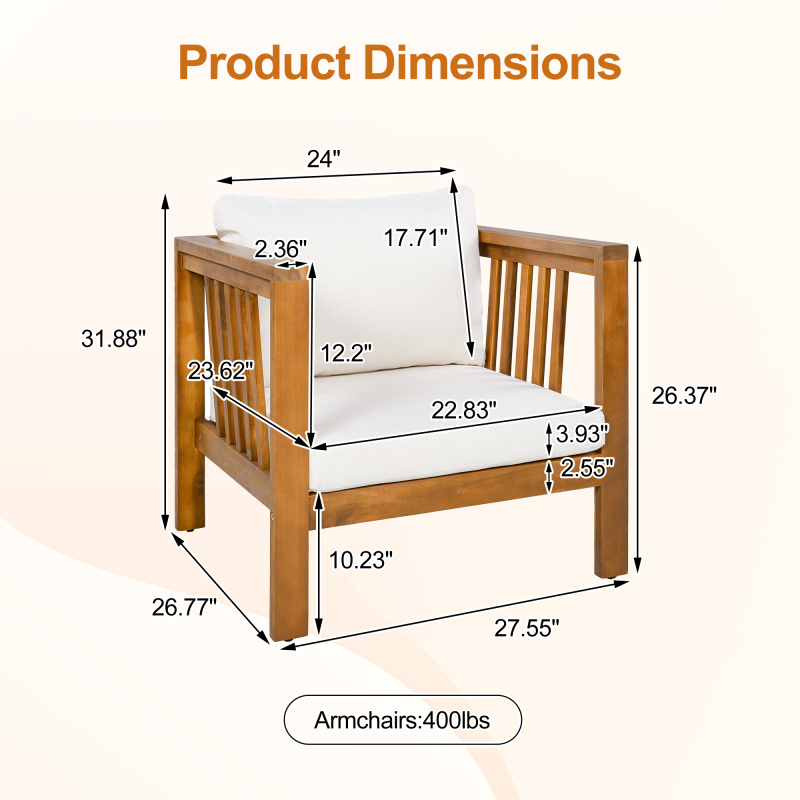 Outdoor Acacia Wood Club Chair with Modern Square Arms, Patio Chair with Thick Cushion, Adjustable Leveling Feet for Poolside, Backyard And Deck, Beige Cushion
