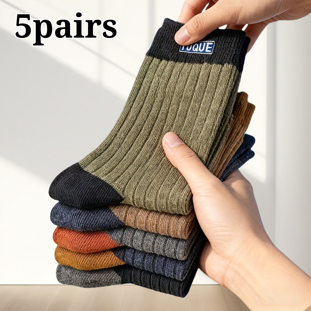 TEMU 5 Pairs Men's Thick Warm Winter Over-the-calf Socks - Random (black, Brown, Gray, Green, Beige) - Athletic, Business And Casual Wear Cushion