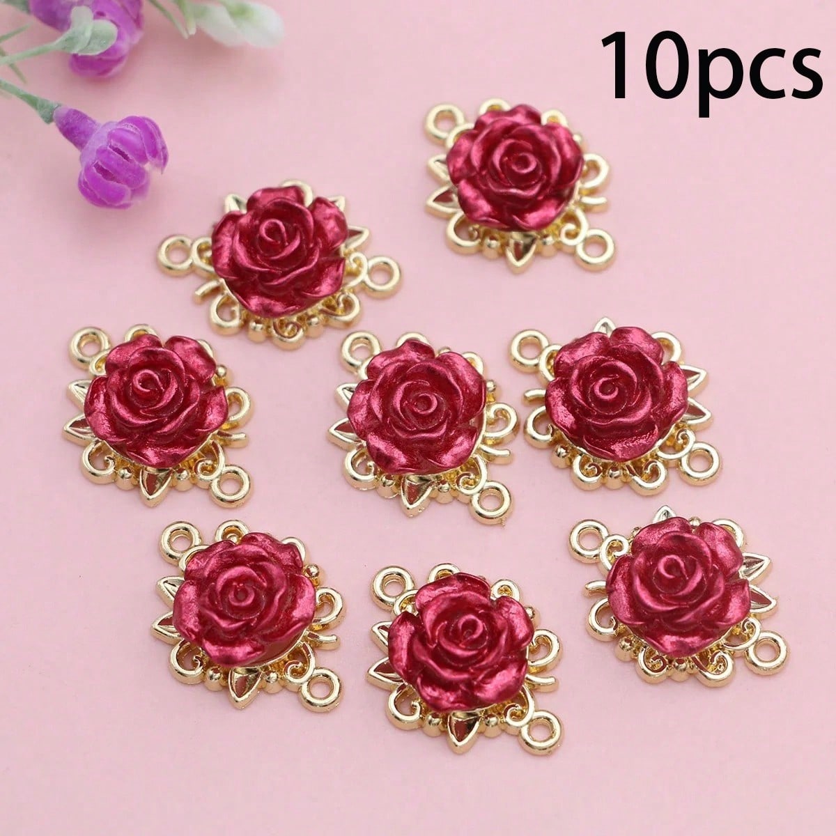 TEMU 10pcs Rose Camellia Pendant, Double-hole Red Rose White Connector, Diy Earrings Necklace Bracelet Valentine's Day Accessory Set