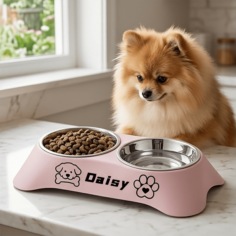 TEMU Custom Pet Stainless Steel Double Bowl With Self- Name, Integrated Non-slip Base, Suitable For Cats And Dogs. Detachable Stainless Steel Inner