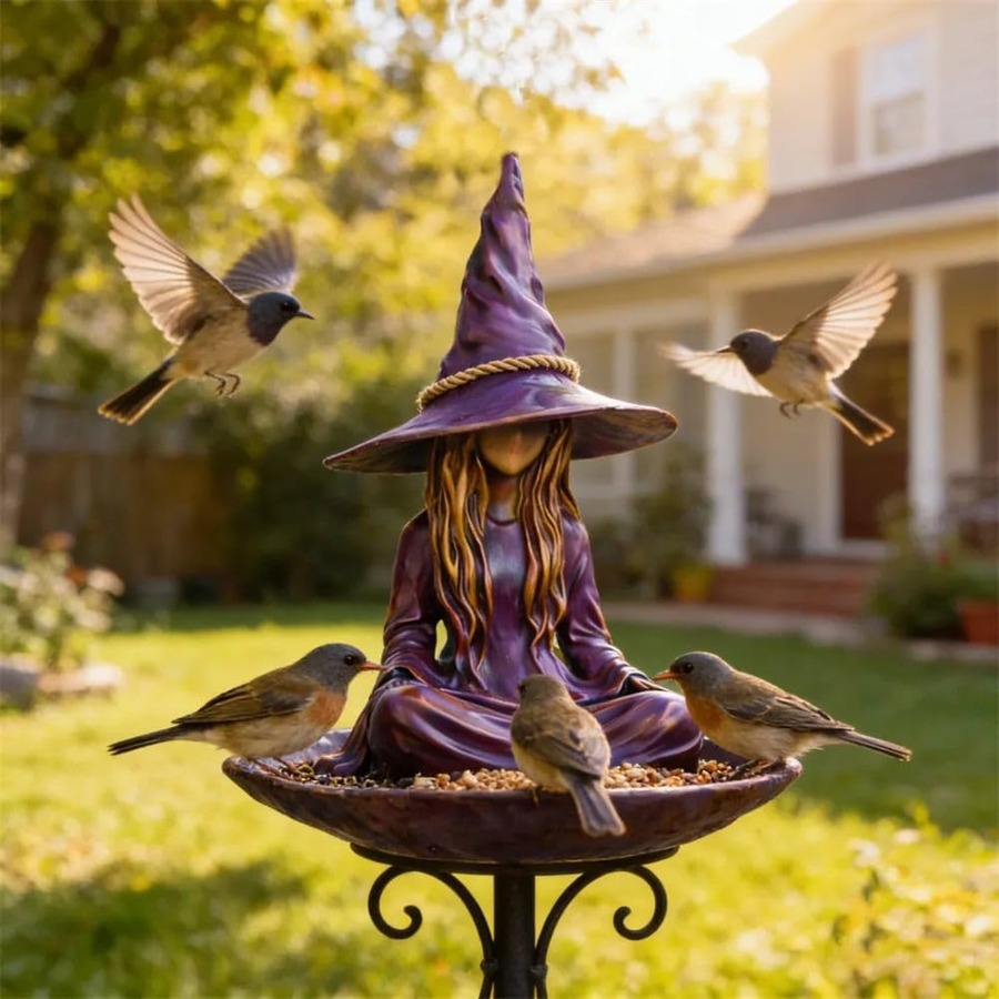 TEMU 1pc Meditating Garden Bird Feeder, Purple Resin Hat Design With Rope Hanger, Outdoor Garden Decor, For Halloween