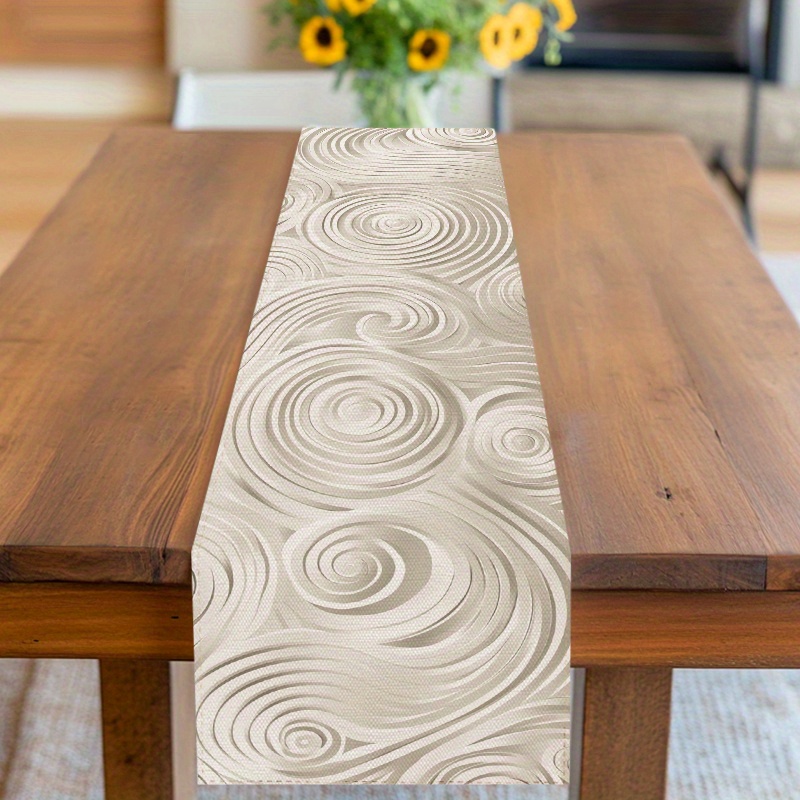 TEMU 1pc Modern Minimalist Table Runner With Elegant Swirl Pattern - Neutral Tones Durable Polyester Fabric For Dining Table, Coffee Table, Kitchen &