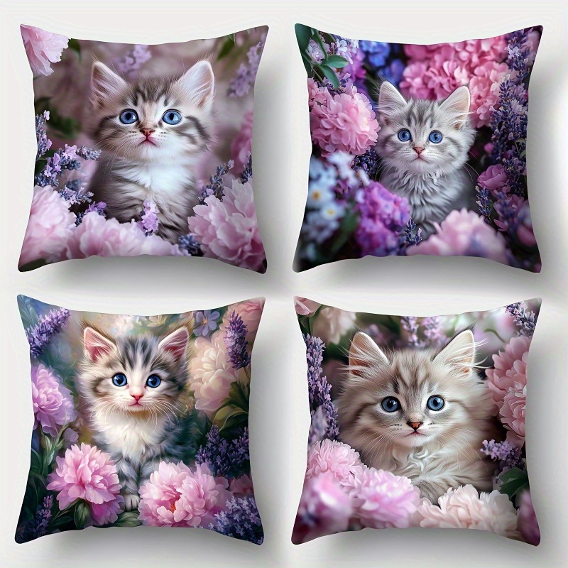 TEMU Set Of 4 Kitten Floral Pattern Decorative Cushion Covers, Holiday Decoration Sofa Cushion Covers For Home Decor, Short Plush Room Decor, Office
