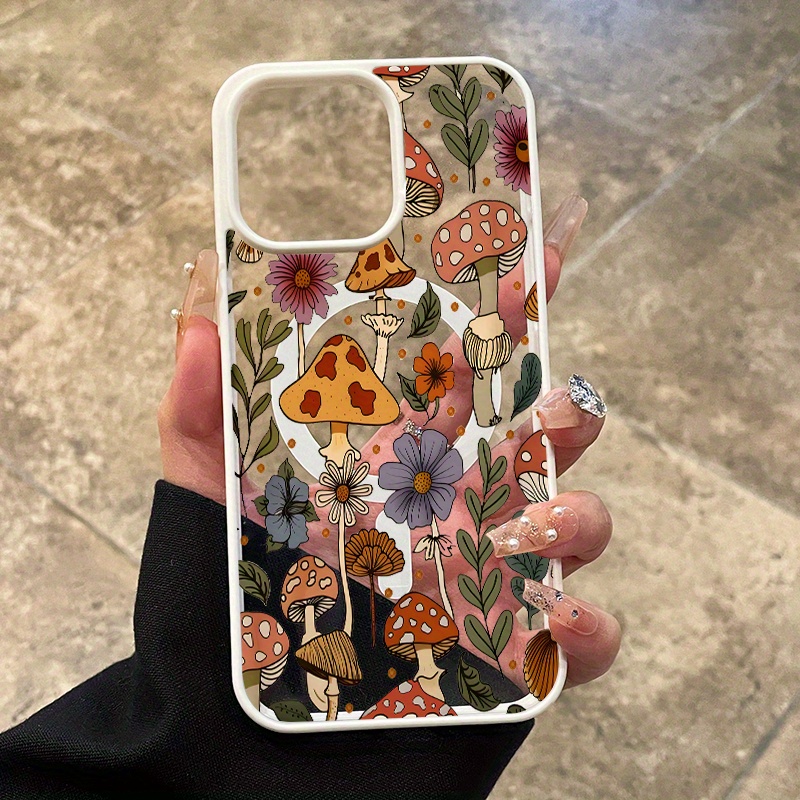 Case for iPhone 16 Pro Max 16e 15 Plus 14 13 12 11 XS Max XR X Forest Mushroom Magnetic Fit Pattern Shockproof Silicone Non-Yellowing Transparent Protective Smartphone Colorful border Cover Gift