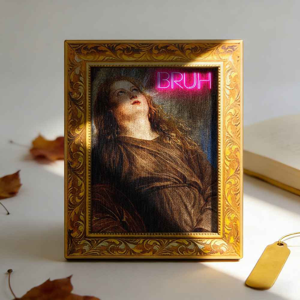 TEMU 1pc Retro Painting Wooden Fridge Magnet, Wooden Fridge Sticker, Retro Lady Portrait With Bruh Neon Light, Refrigerator Door Decoration, , (back