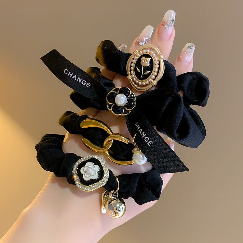 Image of 4pcs Black French Small Fragrance Style Hair Tie Women's Hair Tie Rubber Band Hair Tie Easy High Elastic Durable Leather Pullover Decoration