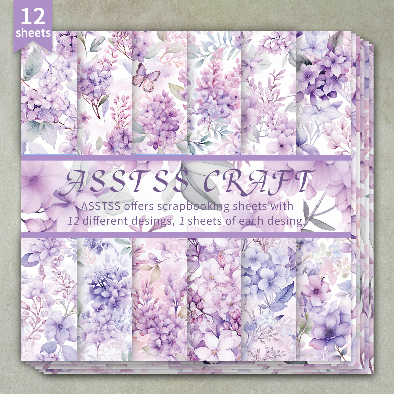 TEMU 12-sheet Asstss Scrapbooking Paper Pad | Watercolor Lilac & Hydrangea Backing Paper Supplies, Heavyweight Cardstock For Journaling, Collage Art,