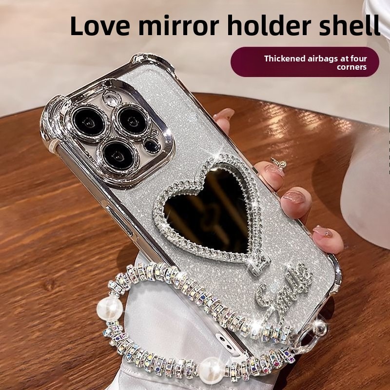 TEMU Phone Case - Four-corner Shockproof – Heart Mirror Stand And Full Glitter Cardstock And Bracelet – Compatible With Iphone 17 Pro Max, Iphone