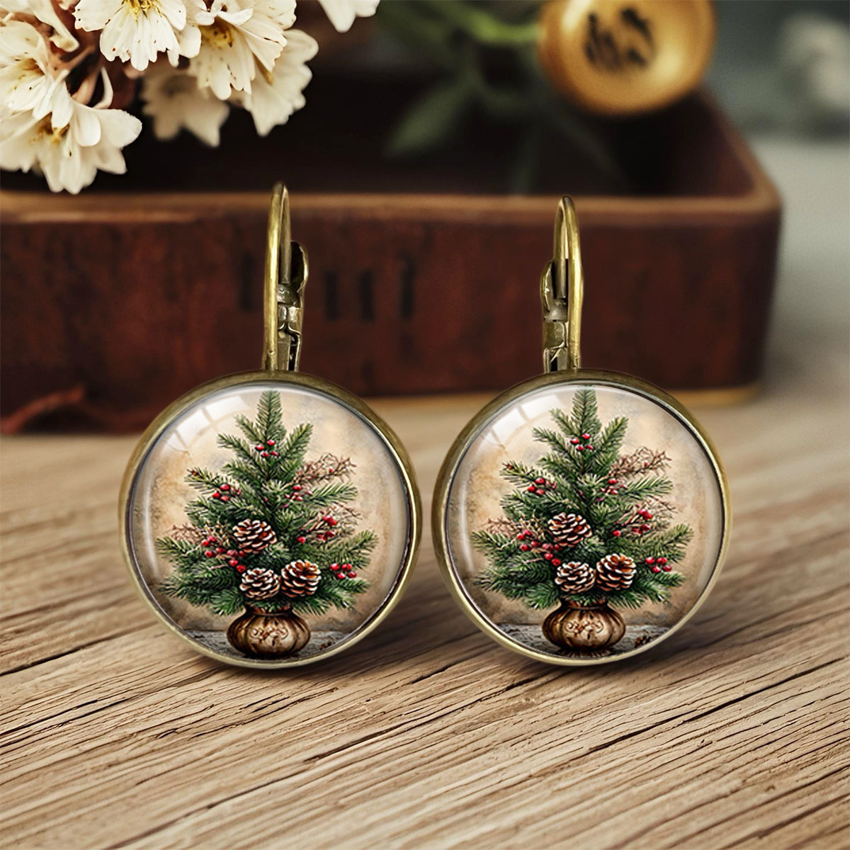TEMU 1 Pair Of Vintage Potted Christmas Tree Print Round Drop Earrings, Cozy Winter Christmas Earrings
