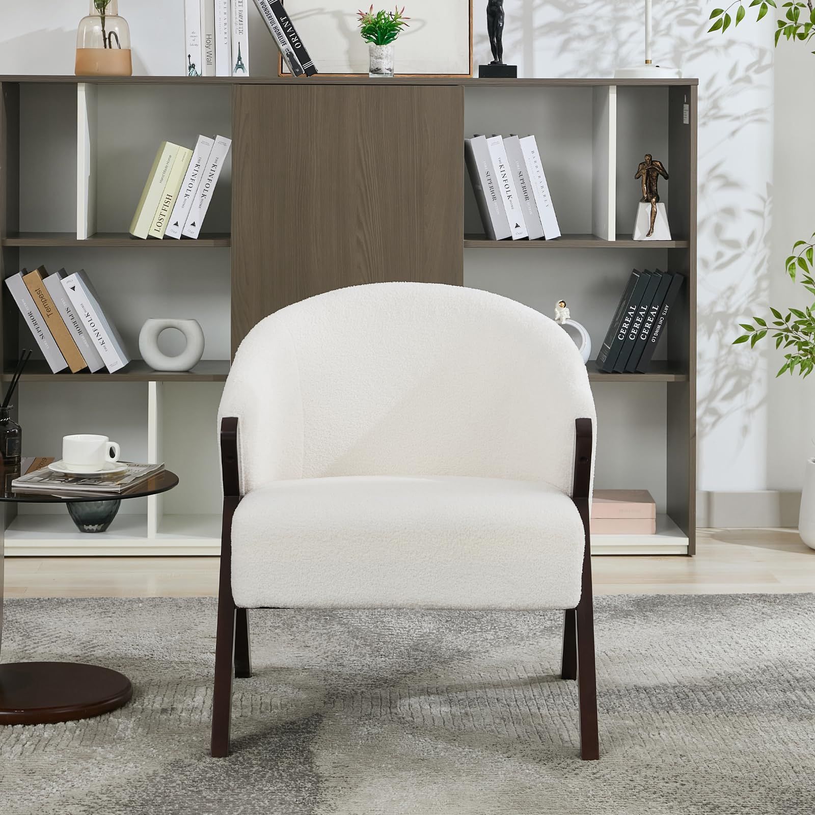 SLEKVERSA Teddy Accent Chair, Mid-Century Modern Wooden Accent Chair with Wood Legs, Comfy Upholstered Reading Leisure Chair for Living Room Bedroom Waiting Room, Beige