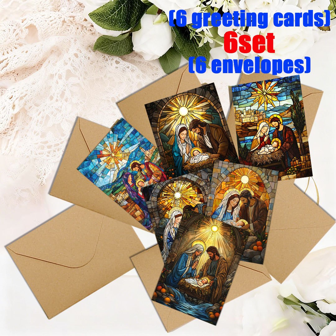 TEMU 6set/12set Christmas Card Stained Glass, Stars, People, Cradle, Warm Scene Pattern, Factory Greeting Card/ Set/blank Inner Page | Suitable For