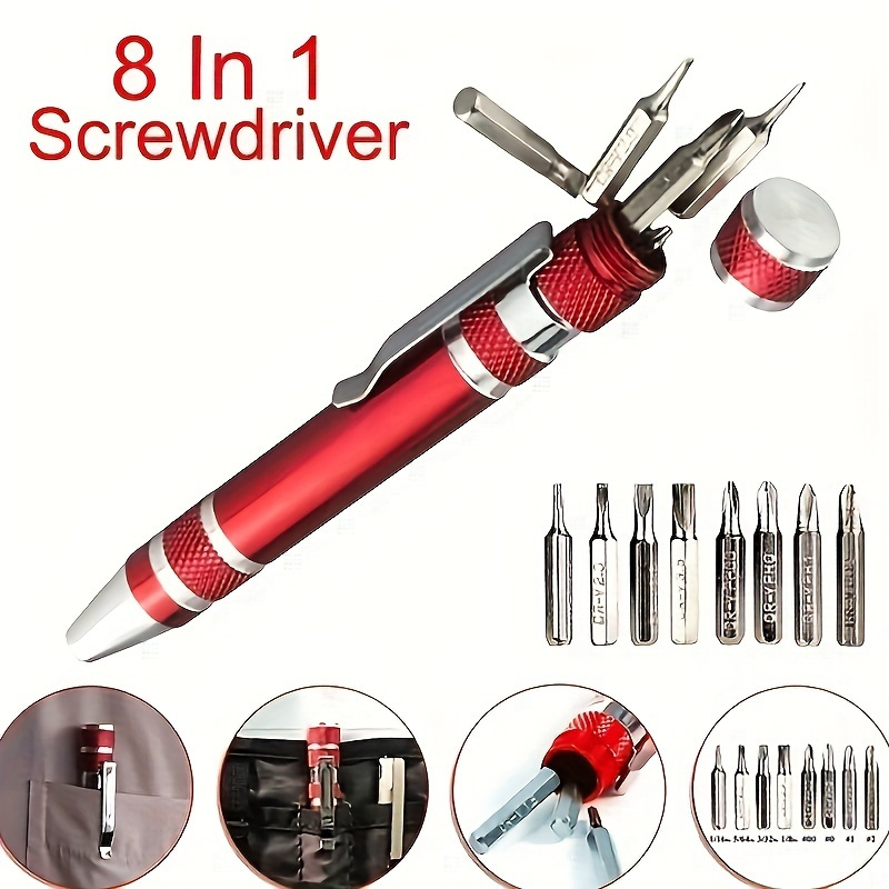1pc Jeu de tournevis multifonctionnel magnétique 8 en 1 en alliage d'aluminium - Portable, durable avec tête cruciforme amovible et couvercle de protection pour le bricolage et l'usage industriel, rouge détails 0