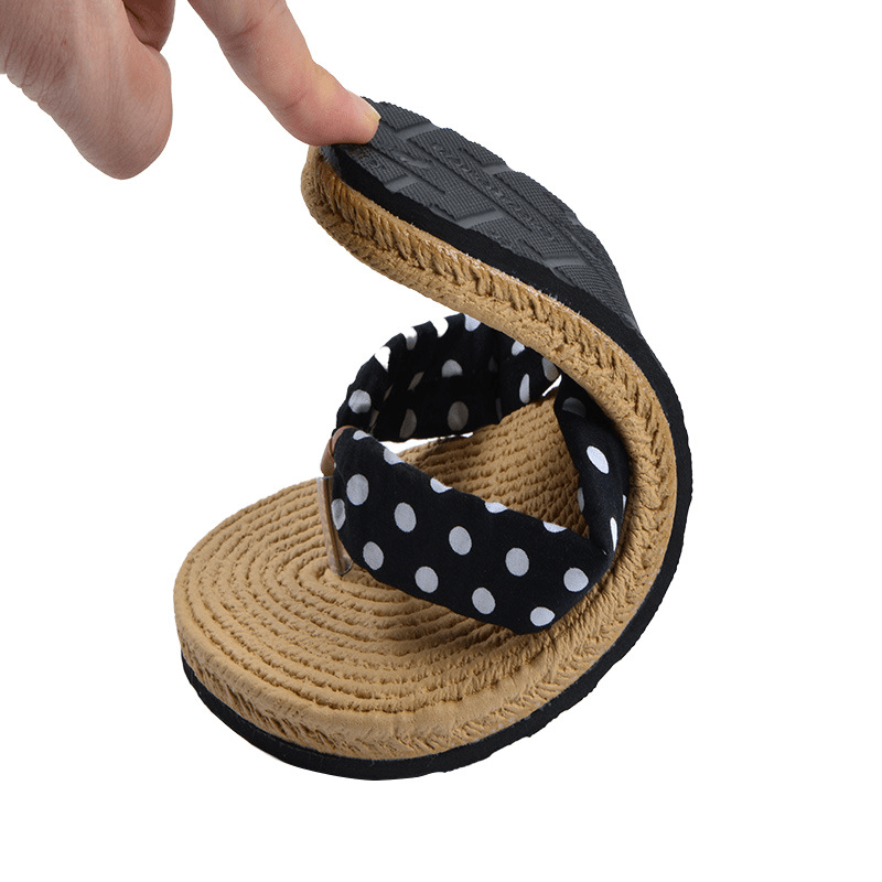 womens beach flip flops with linen upper eva sole non slip flat sandals beige black polka   soft cushioned insole for poolside summer casual and casual attire breathable comfortable slippers Product details 2