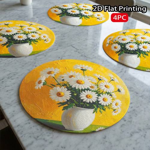 4pcs round placemats suitable for everyday festive table decor daisy vase warm cheer pattern machine washable table protectors with suitable party dining decorations 2d flat