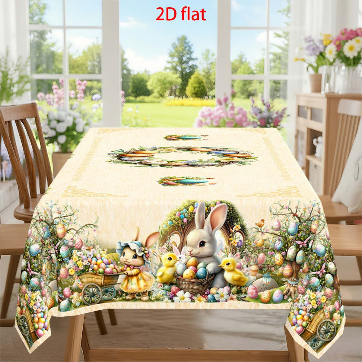 item picture a 2d flat easter themed party tablecloth featuring a spring and summer design with rabbits colorful eggs chicks and floral prints   in rectangular or round shapes   picnic dinners and kitchen or restaurant decor