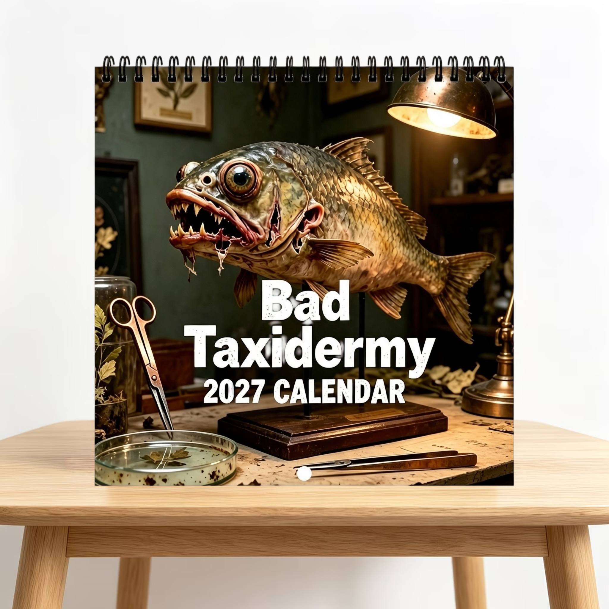 TEMU Calendrier 2027 : 12 mois, double face (page), papier épais, 8,3 x 8,3 pouces, calendrier mural sur le thème de la taxidermie gothique | Design