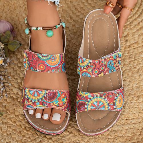 damen sommer sandalen mit absätzen und print, damenschuhe