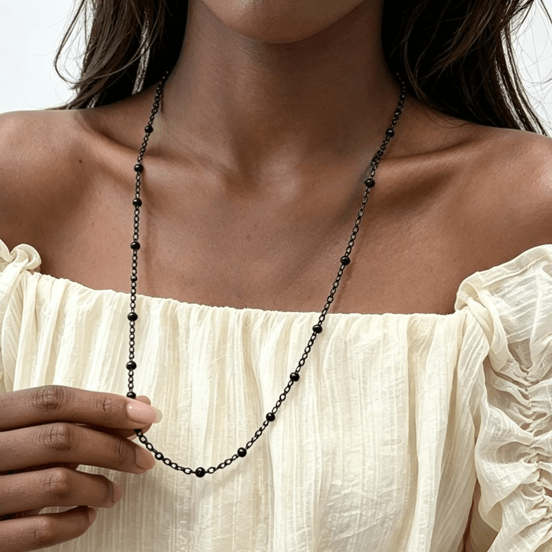3pc Black Bead O-Chain Necklace Set, Stainless Steel