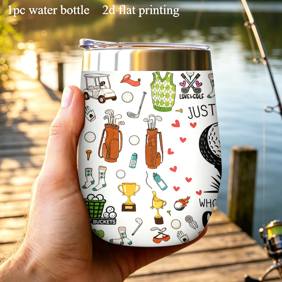 TEMU 1 bouteille d'eau imprimée 2D de 12 oz/360 ml avec couvercle, tasse de voyage thermique, collage sur le thème du golf avec équipement, tenues et