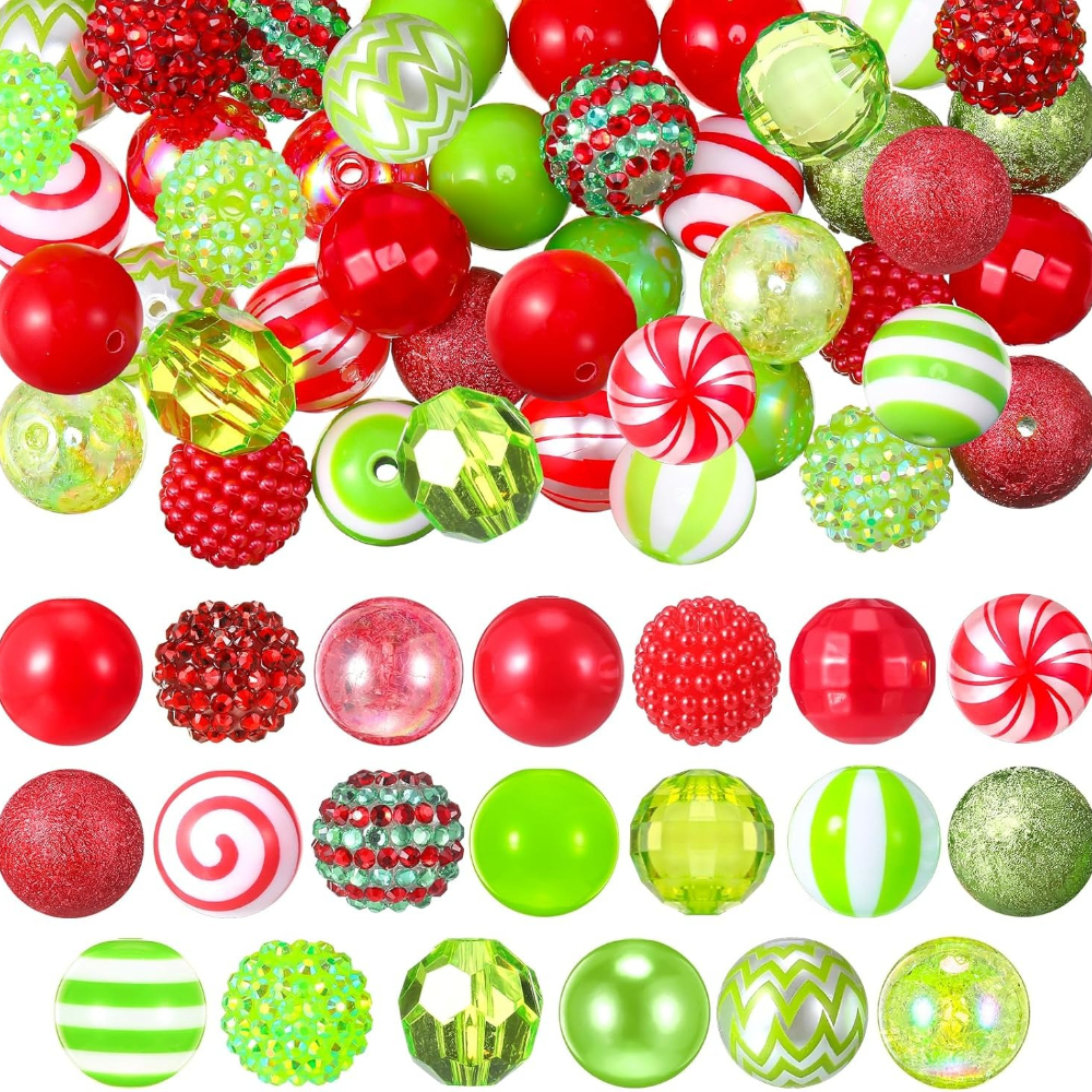 TEMU 50pcs 20mm Bead For Pen Bubblegum Bead Mixed Resin Chunky Sugar For Pen Beadable Keychain Diy Craft Jewelry Making Supply(red And Green)