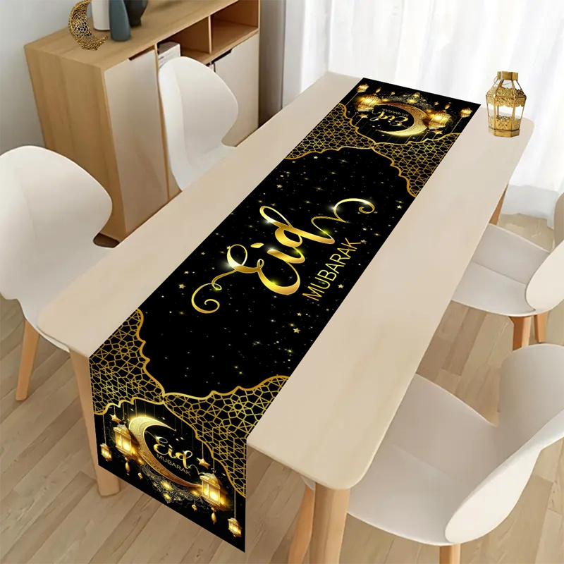 

1pc Table Runner, Polyester 100%, Machine Made, Rectangular, Black & Design, For Dining Table Decor, Ramadan Celebration, Tablecover Decor