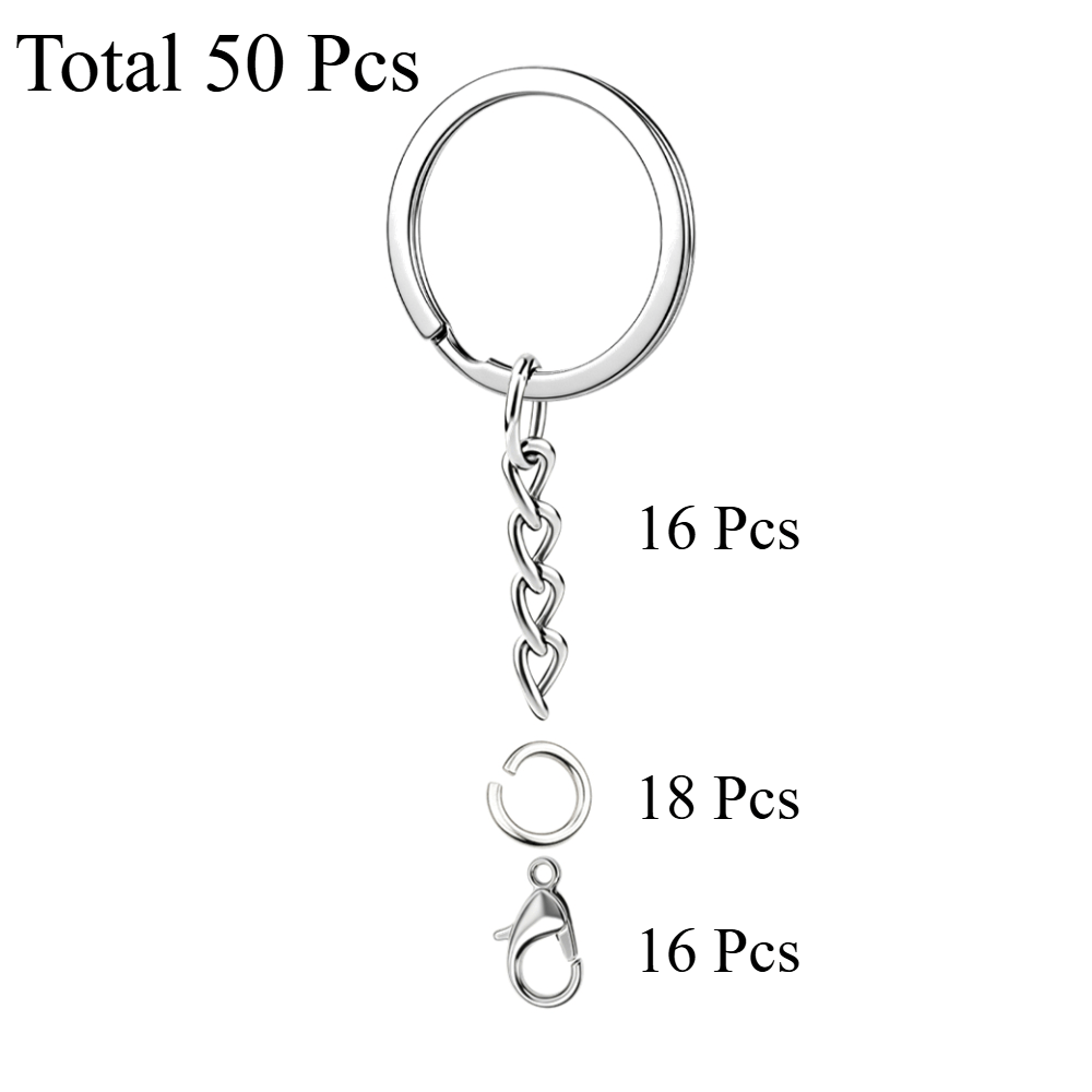 TEMU 50pcs Flat Keychain Set, Set Includes 16 Key Rings + 18 Split Rings + 16 Lobster Clasps. Suitable For Keychains, Resin Additions, Other Crafts
