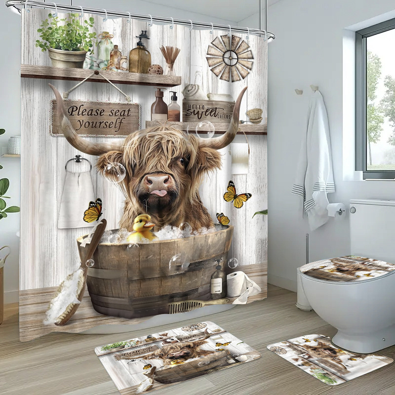 TEMU 1pc/4pcs Bathshower Curtain Set With 12 Hooks, Bath Mats Toilet Covers Seat, Bathroom Non-slip Rug Carpet Polyester Fabric Washable Curtain For