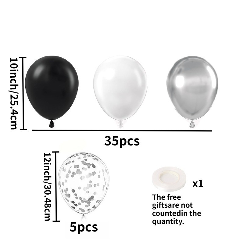 Image of 40pcs White, Black And Silvery Balloon Sets, Including 10-inch White, Black And 12-inch Silvery Sequined Balloons. And Is Perfect For Easily A Birthday Party Scene; Suitable For Birthdays