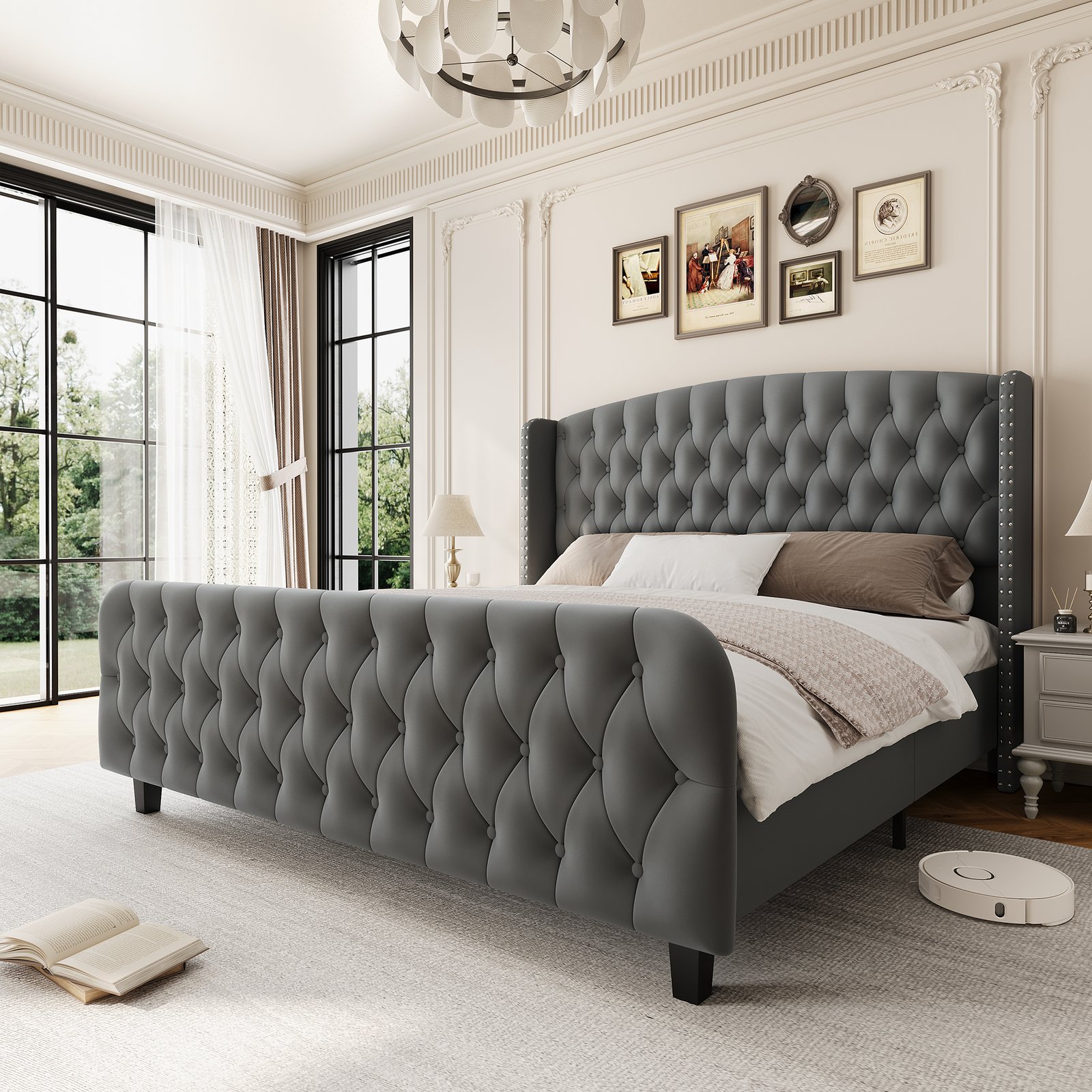 Modern Queen Platform Bed Frame with Wingback Headboard - Cream Beige Suede Upholstery, Deep Button Tufted, Sturdy Slats & Noise-Free Base, No Box Spring Required, Easy Assembly Suitable for Luxury Bedroom Furniture