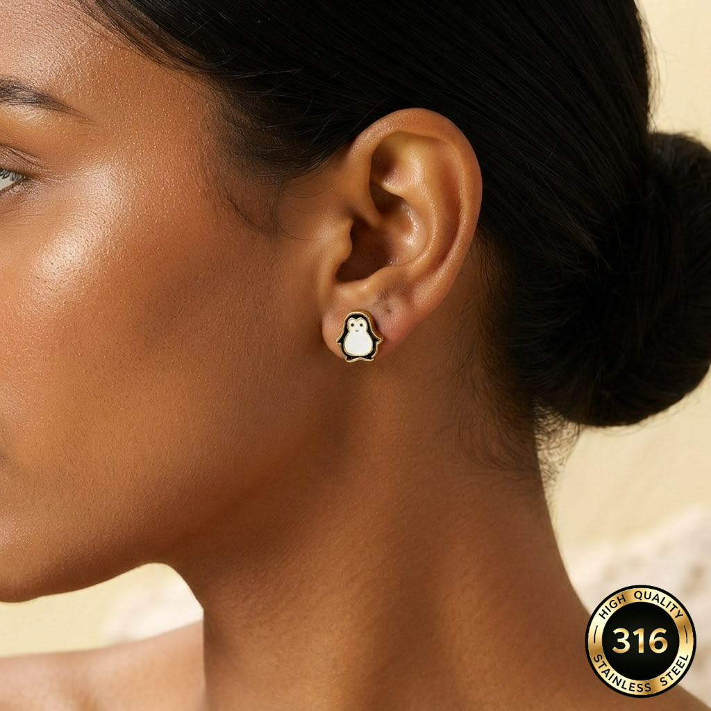 Penguin Stud Earrings in 316L Stainless Steel, Cute Animal Design