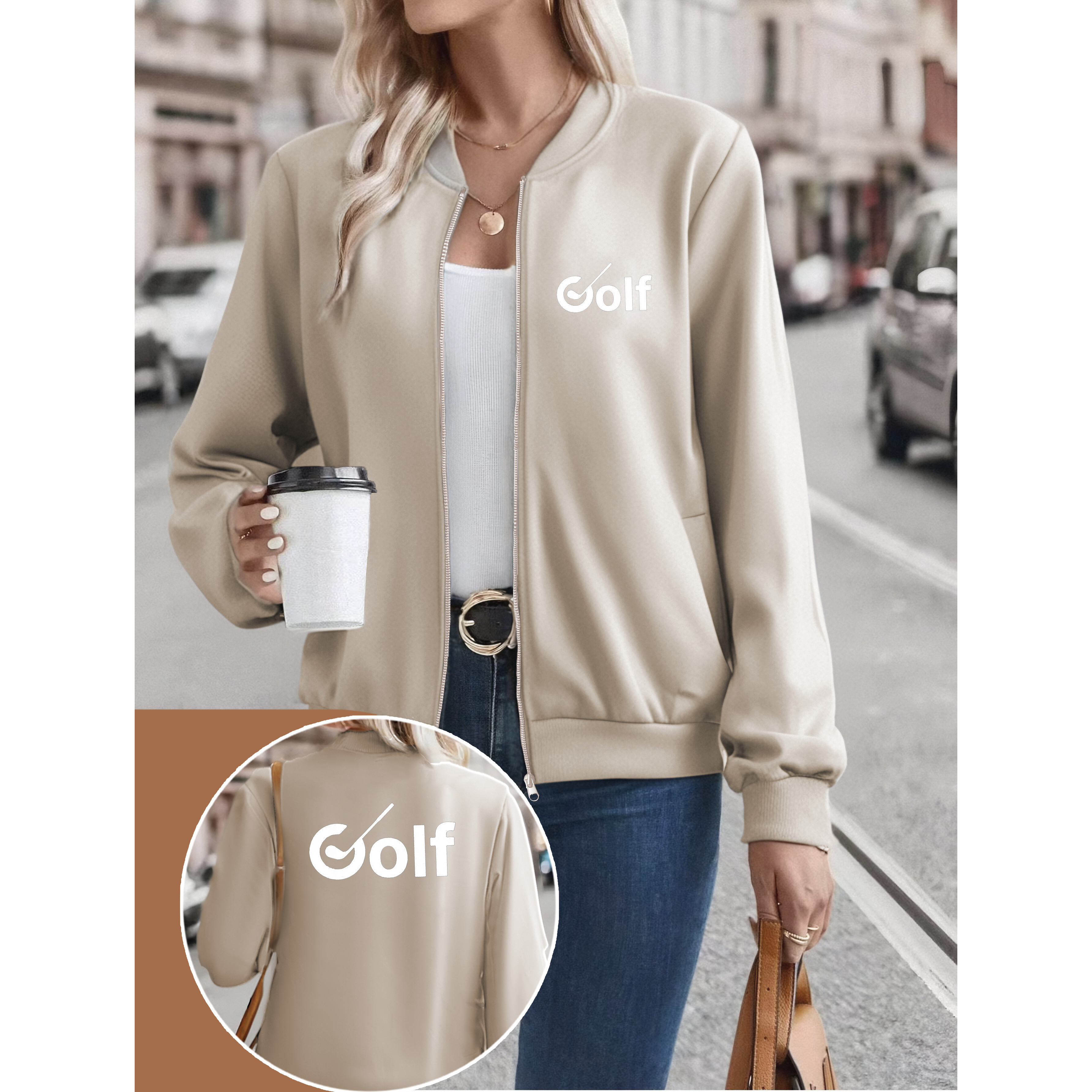 

1pc Veste de golf décontractée pour femme, manches longues en tissu polyester tricoté légèrement extensible, col baseball, fermeture éclair avec poches, vêtement d'extérieur toutes pour les quotidiens