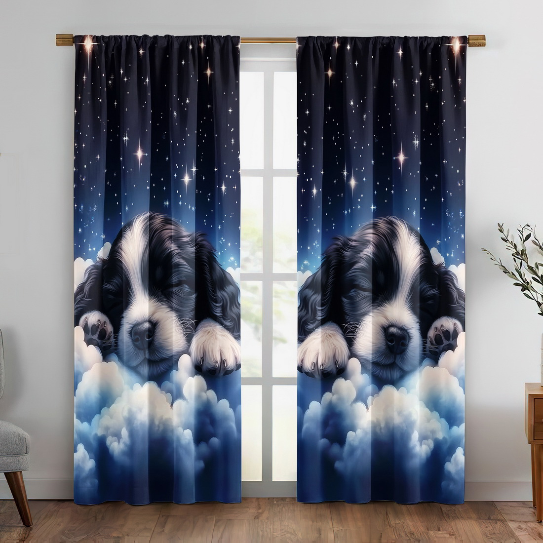 TEMU 2pcs Cute Puppy Print Insulating Blackout Curtains - 100% Polyester Machine Washable Thermal Insulated Light Filtering Window Drapes With Rod