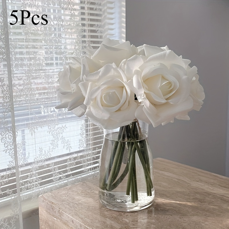 TEMU 5 unidades de rosas artificiais realistas, flores de plástico com um tático, adequadas para decoração de casa, mesa de , decoração de , sem