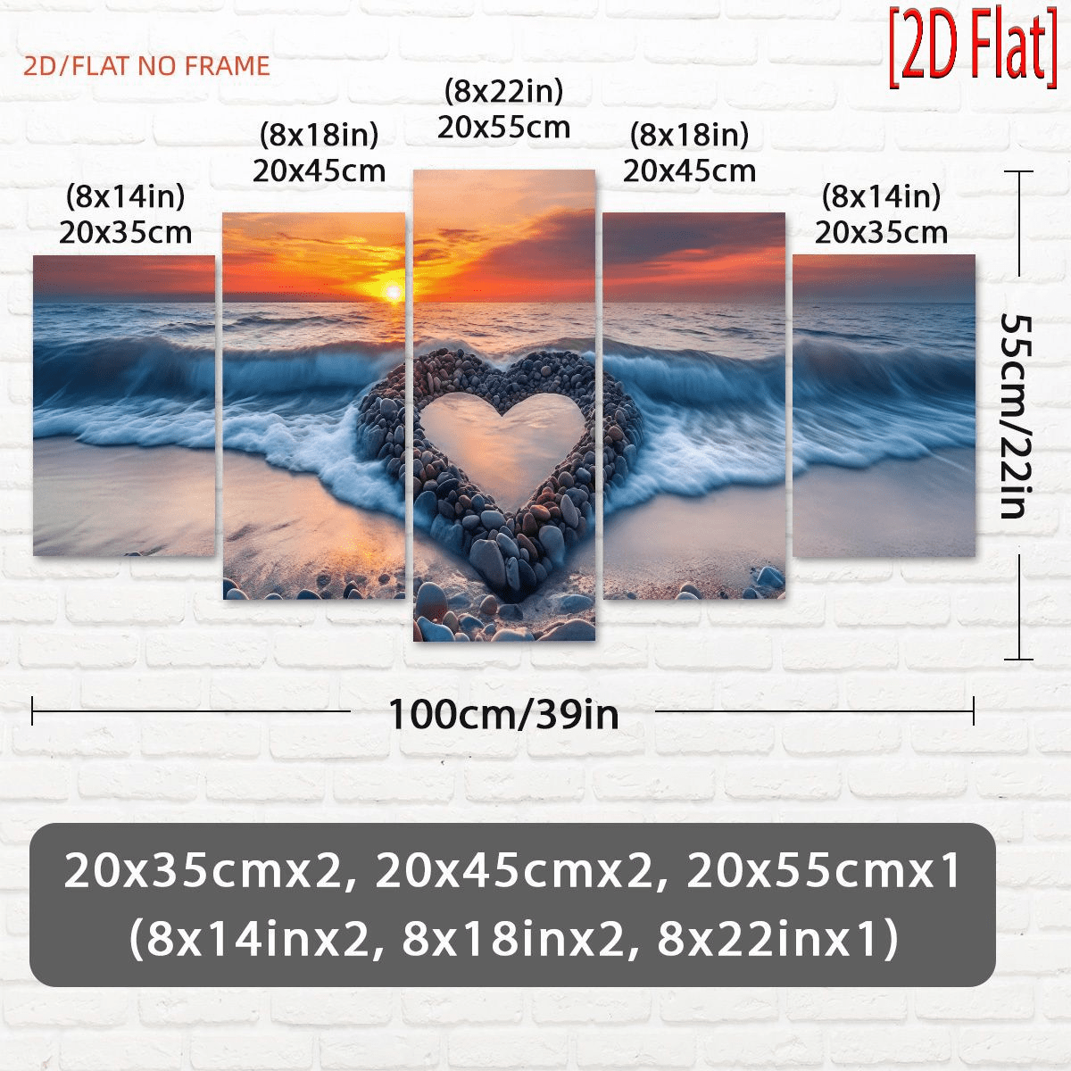 TEMU 2d Flat, [2d Flat Paintings] 5pcs Unframed Beach Heart Stone Canvas Art, High Definition Print, Modern Wall Decor For Living Room, Bedroom,