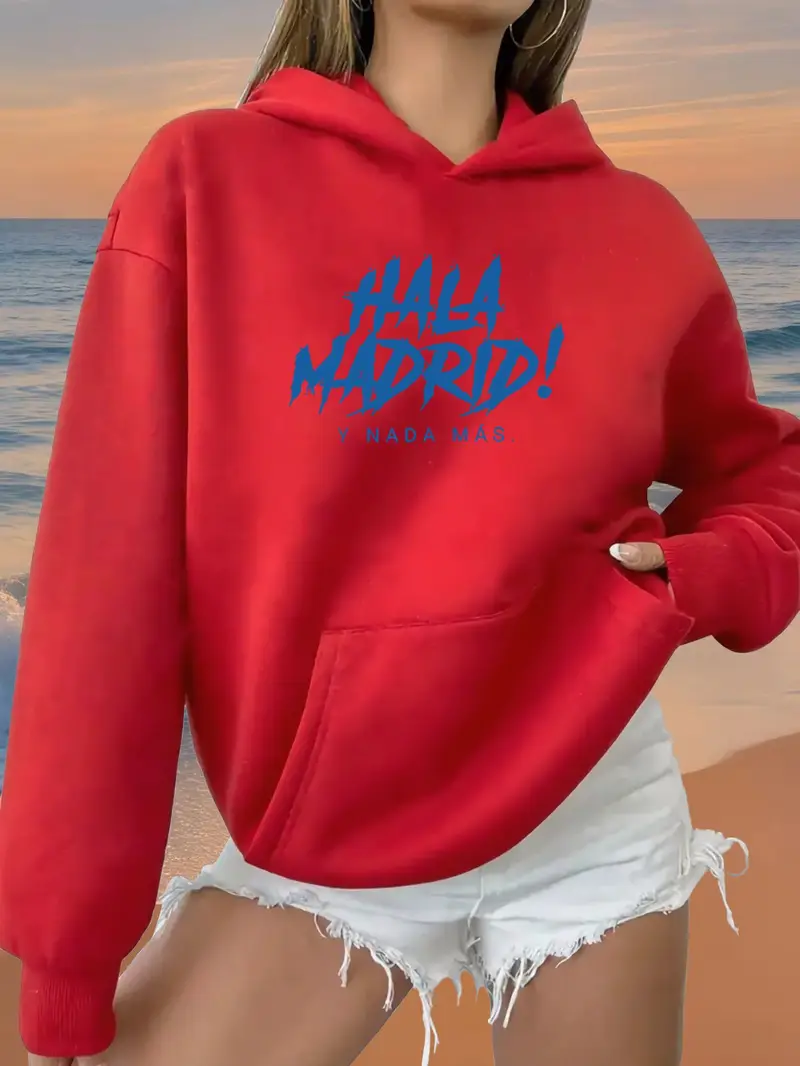 Red Women'S Hoodie with Blue "Hala Madrid!"