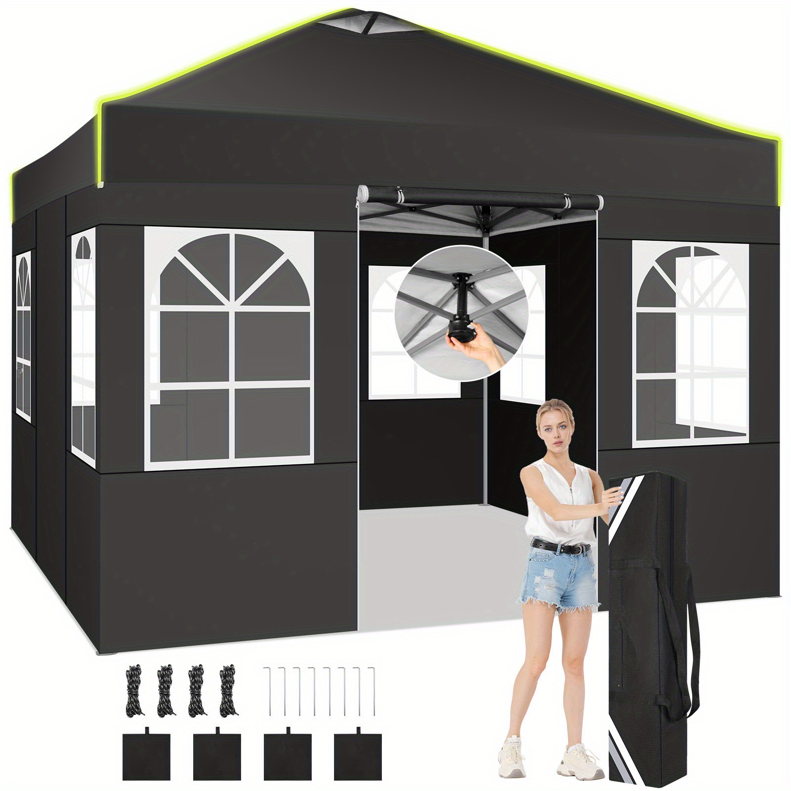 10x10ft  -up zelt, partyzelt aus gabaze mit 4 abnehmbaren seitenwänden, tragegurt und sandsäcken, 3 höhenverstellbarkeit, belüftungsstreifen, einfach aufzubauen – ideal für partys, straßen, gärten, strände & camping