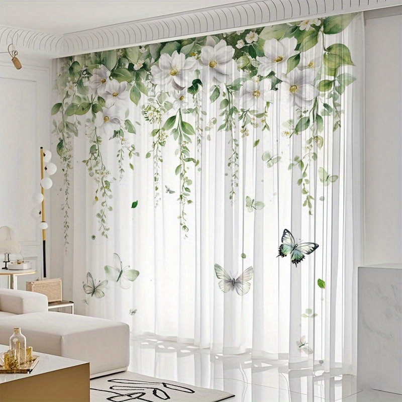 E-shop 2 Stück Elegante Blumen- und Schmetterlingsdruck -Vorhänge, Niedliche Sheer-Lichtschutzvorhänge mit Tulleblättern, -Gardinen für Wohnzimmer,