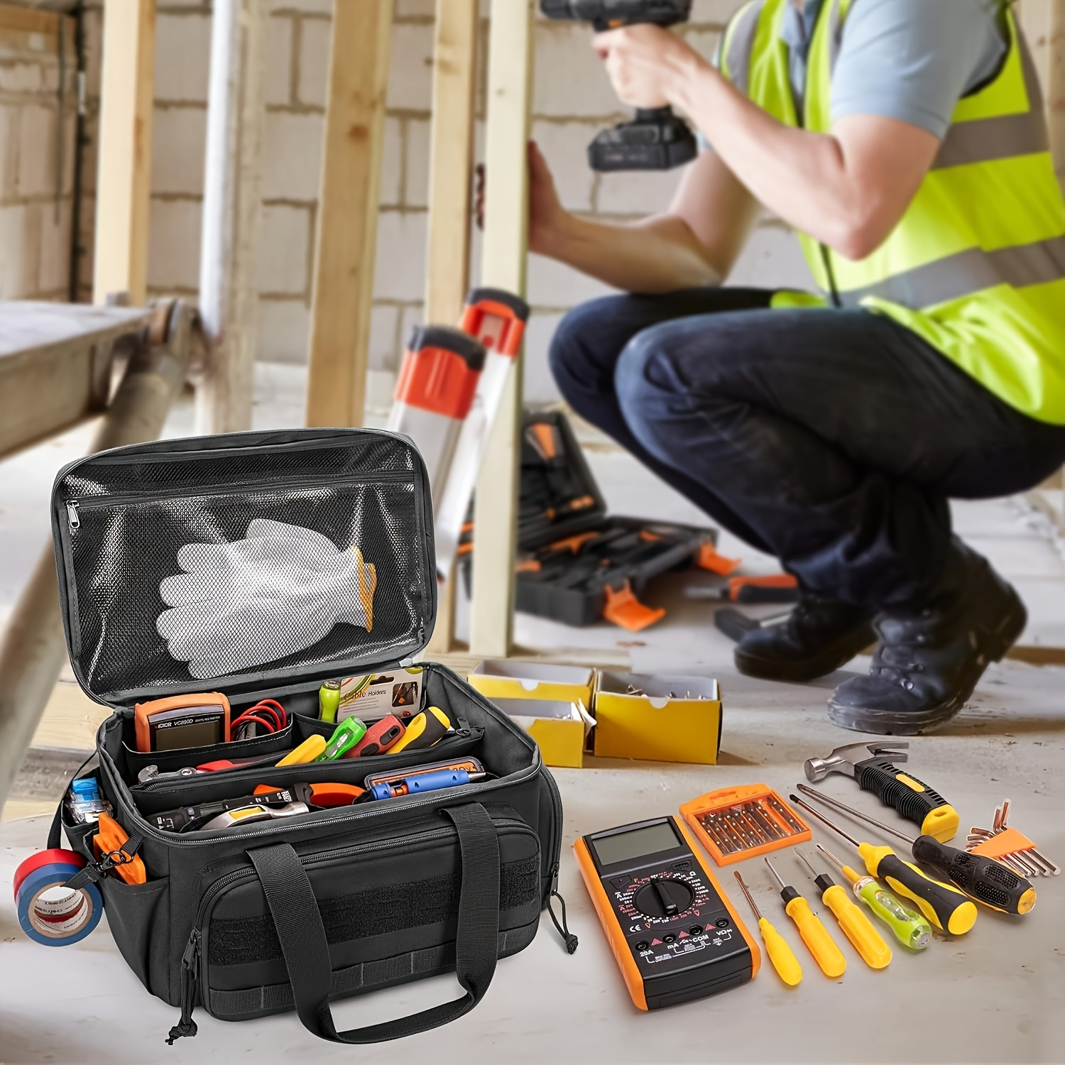 Juego de herramientas de 14 pulgadas con base resistente a rayones y caja de trabajo negra duradera para electricistas y técnicos de reparación—Práctico bolso de almacenamiento multi-compartimento