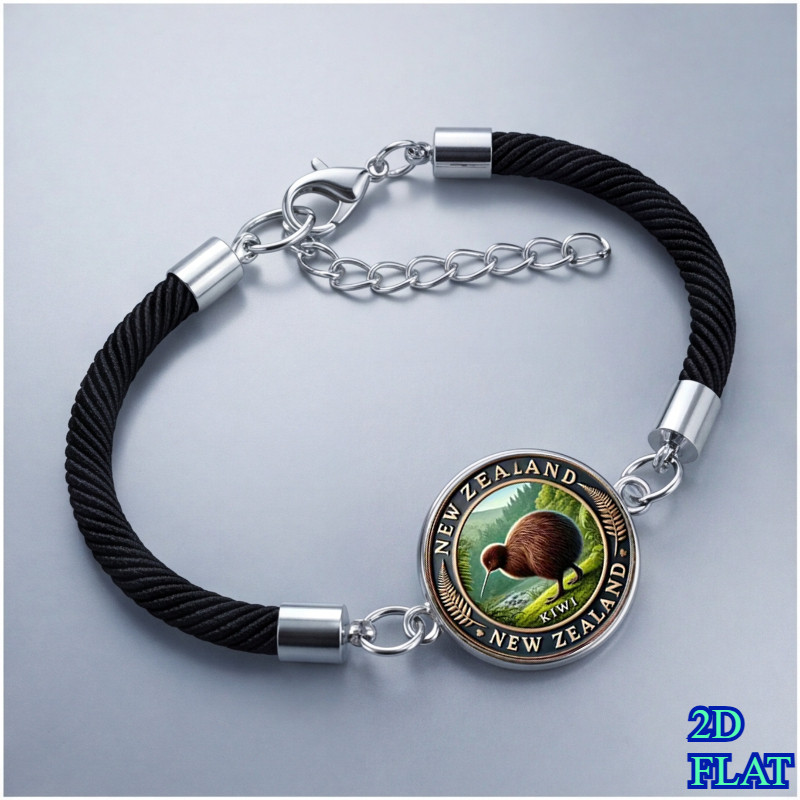 TEMU 2d Flat New Zealand Kiwi Bird Silvery Fern Black Rope Bracelet, Unisex Nz Patriotic Souvenir Jewelry Gift For Day, Christmas, Birthday, Travel