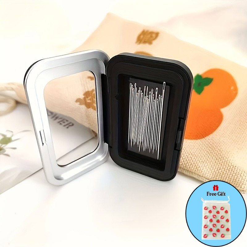TEMU 2pcs Set: 1 Black Magnetic Sewing Needle Case + 1 Free Strawberry Storage Pouch — A Durable Stainless Steel Storage Box With A Transparent