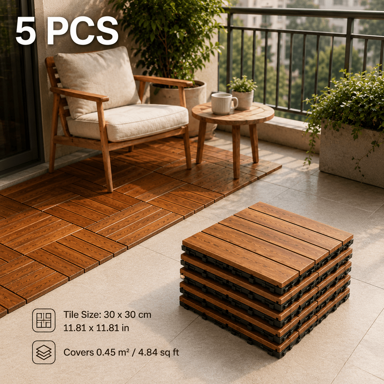 Image of 5pcs Interlocking Carbonized Wood Flooring Tiles, 30 X 30cm Outdoor Deck Tiles, Easy Diy Patio Decking For Balcony, Garden, Porch & Terrace
