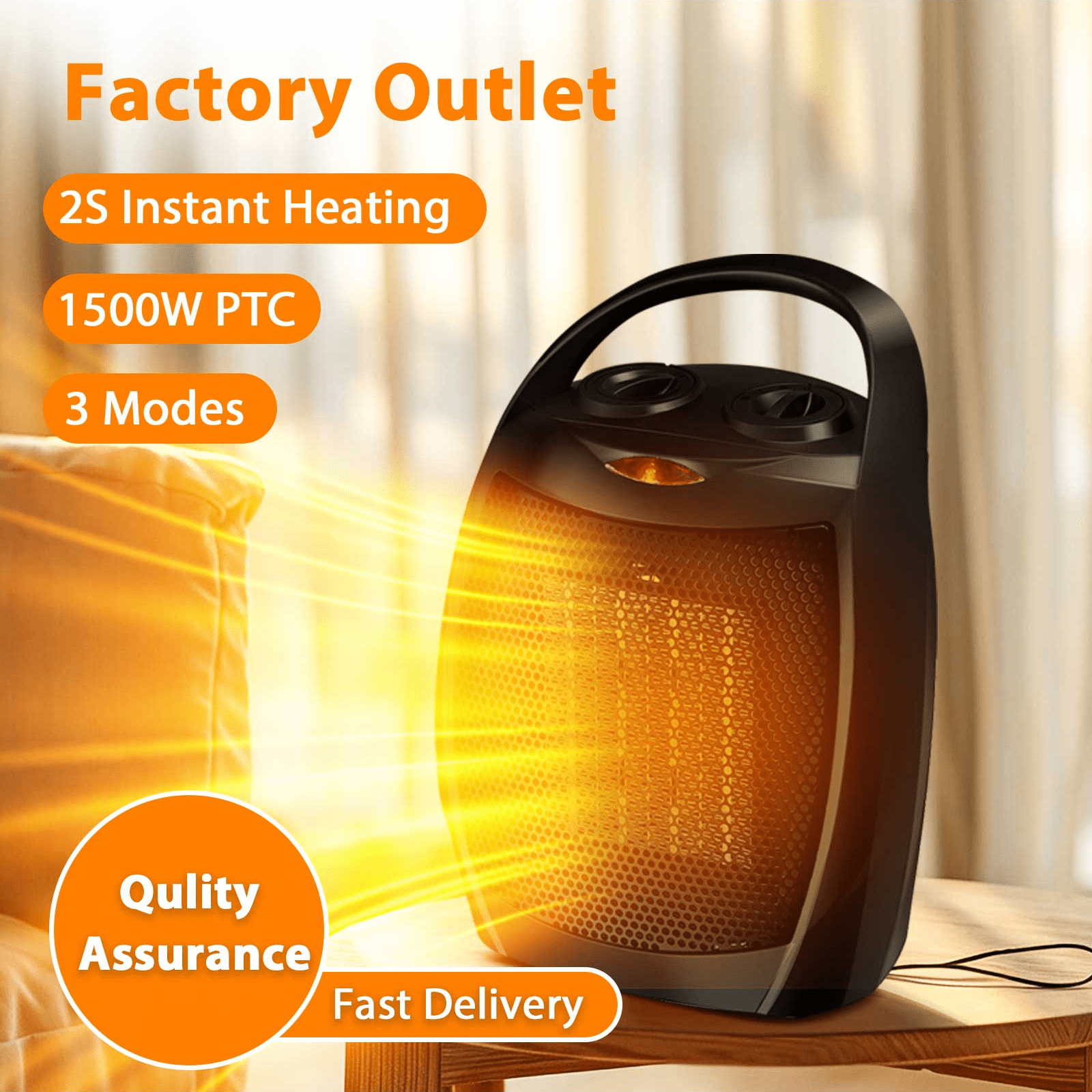 

Electric Portable Heater Fan With 1500w, Silent Ceramic Heater For Small Indoor Like Offices, With Adjustable Thermostat, In Black Color.